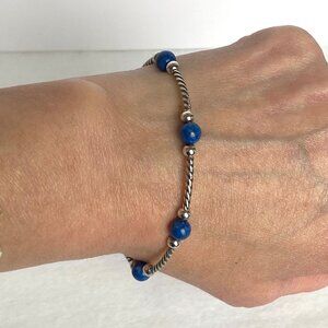 Sterling Silver 925 Twisted Rope Beaded Sodalite Station Bracelet 7"- 8"